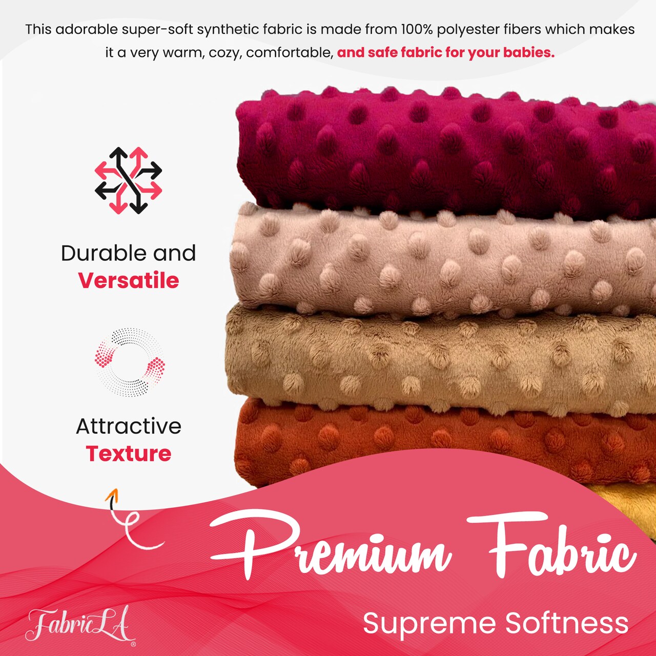 FabricLA Minky Fabric by The Yard | Oeko-TEX Certified Plush Fabric | Soft Minky Dimple Dot Cuddle Fabric | 60" inches Wide | Baby Blanket, Apparel, Throws